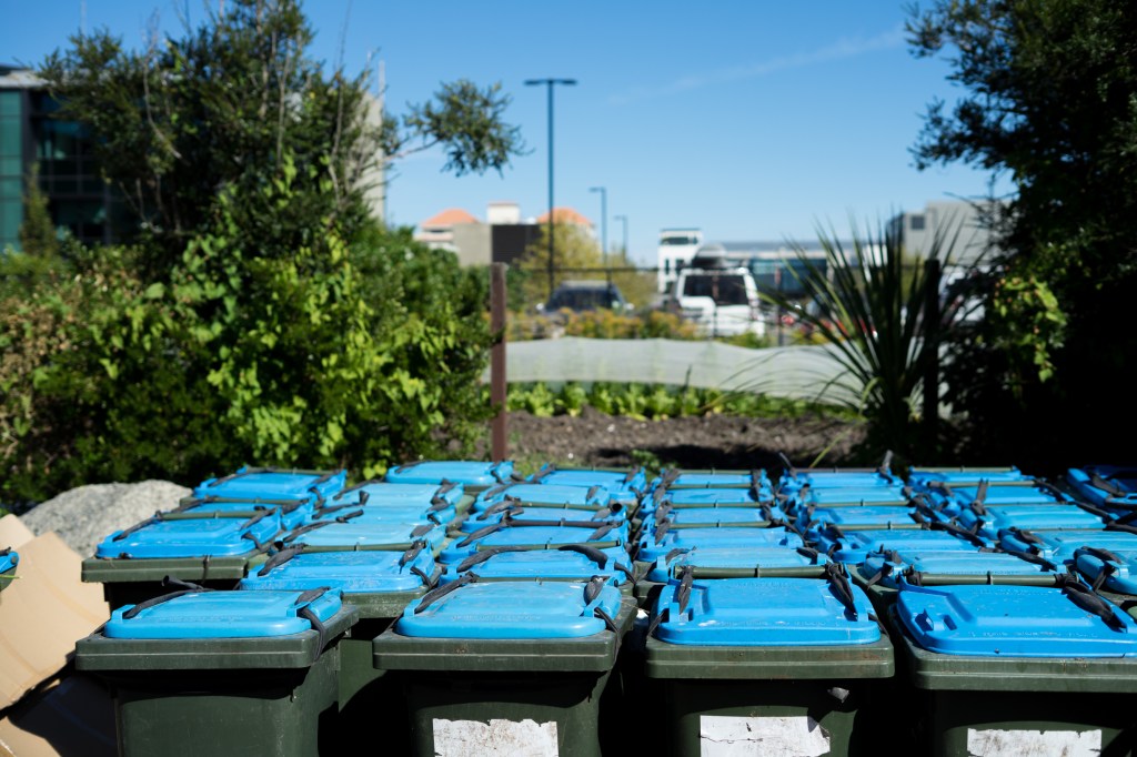 A set of a dozen or so rubbish bins with blue lids outdoors in a garden setting